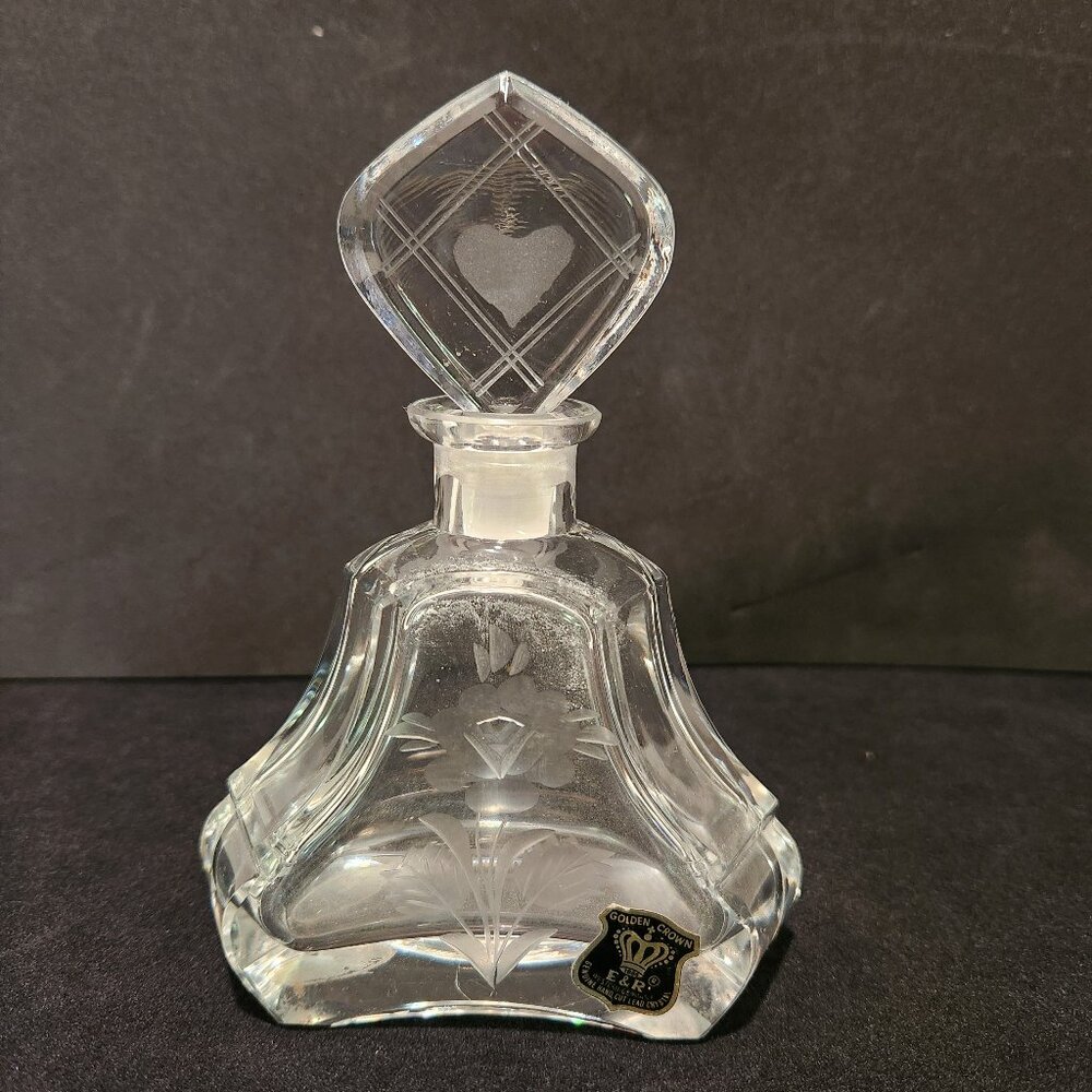 VTG Crystal Perfume Bottle Stopper Hand Etched Golden Crown William Andre